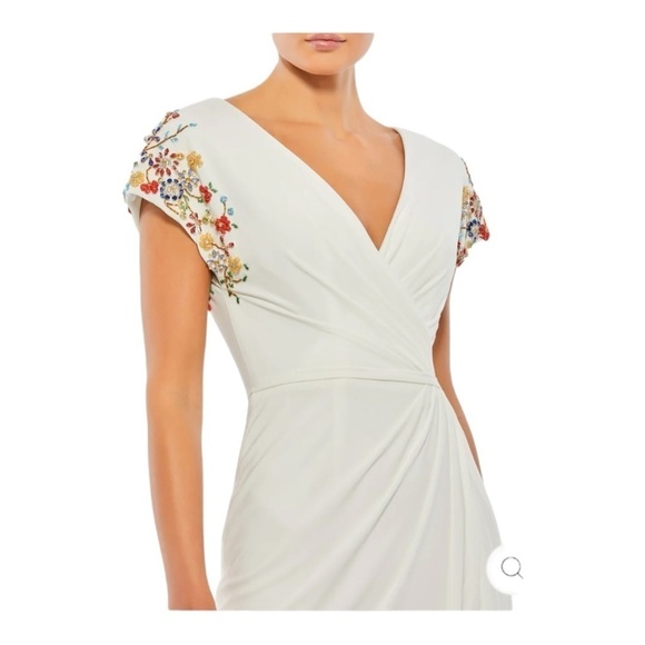 Mac Duggal Embellished Sleeve Jersey Wrap Gown in White Multi Size 10 NWT - Picture 3 of 11